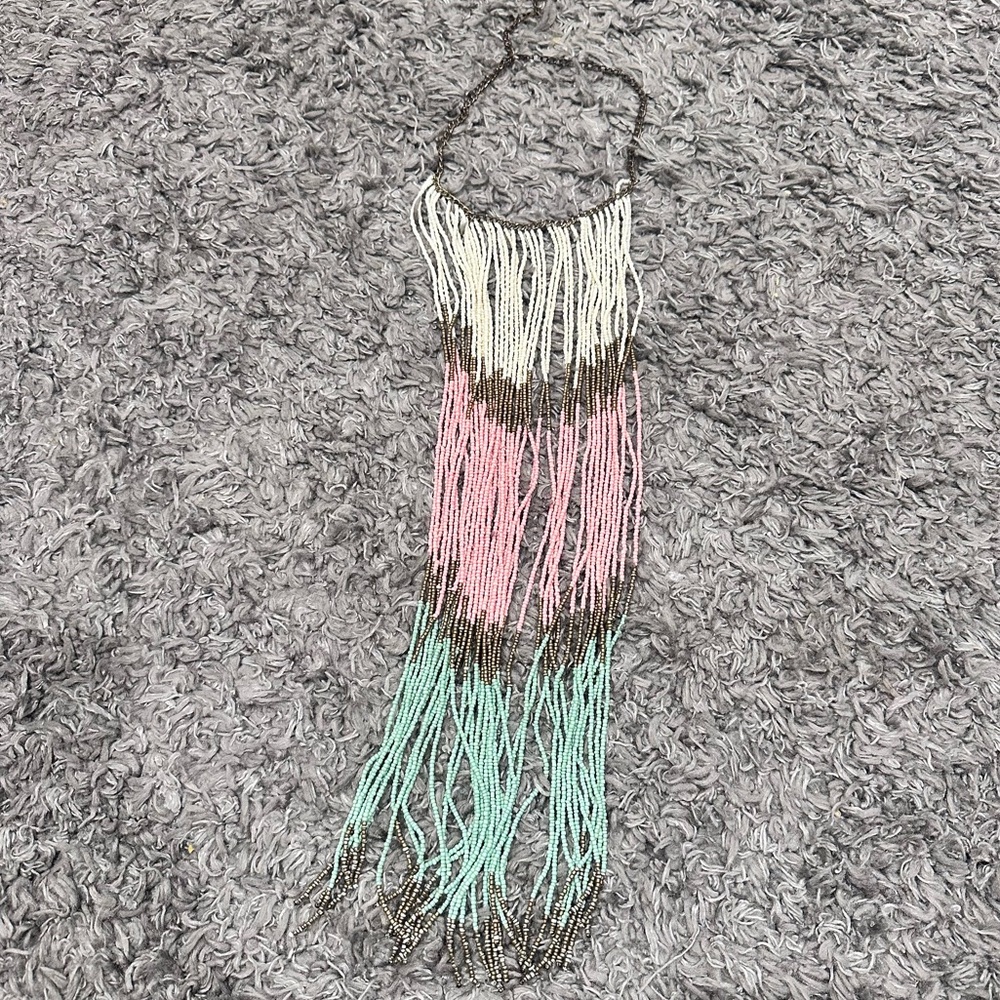 3/$15  Pastel Beaded Bib Necklace Long Fringe Very Unique and Maximalist